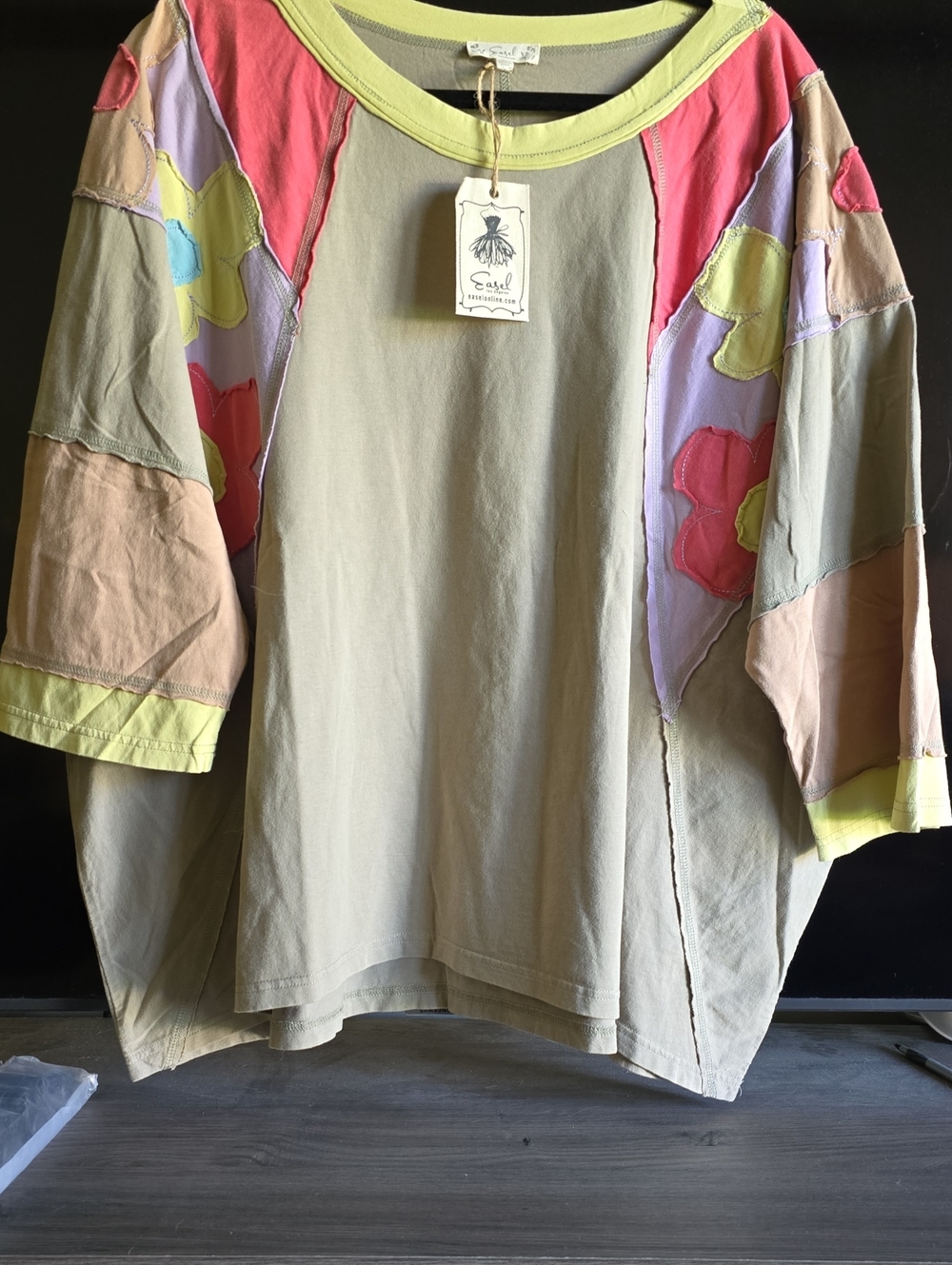 easel Olive Patchwork Flower Tee with Pink, Lavender & Yellow Accents